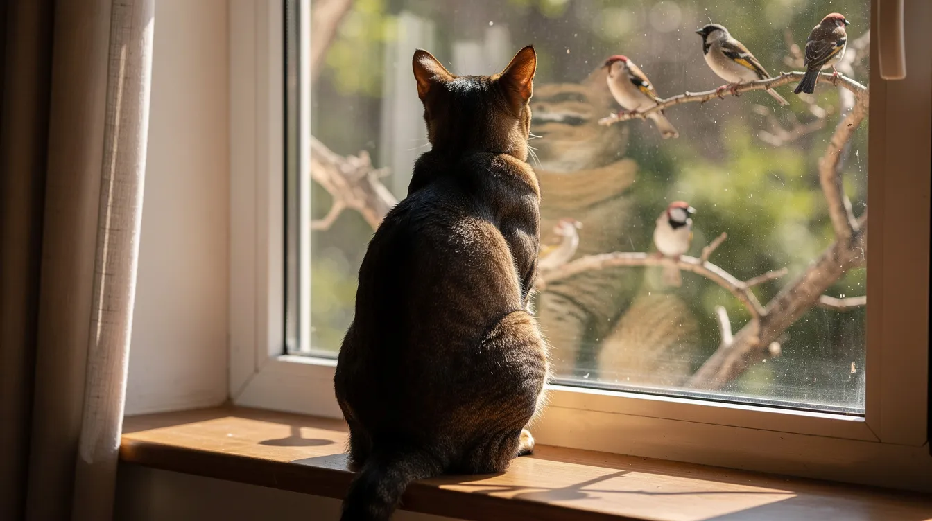 A cat sits comfortably on a windowsill, turning its back to the room while watching birds outside. This body language may indicate trust and contentment, as the feline enjoys the view and feels safe in its position.