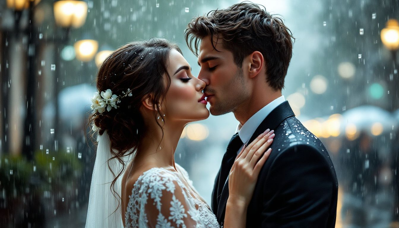 A beautiful rainy wedding photo capturing a couple.