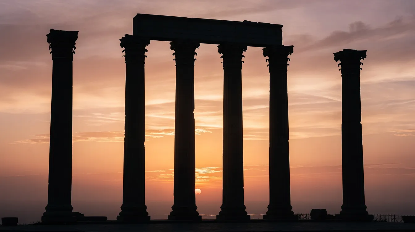 A imagem mostra a silhueta de colunas antigas de um templo, possivelmente o Templo de Poseidon, contra um céu vibrante em tons de laranja e rosa, evocando a beleza da Grécia antiga. O cenário é complementado por uma atmosfera serena à beira-mar, com o Mar Egeu ao fundo, sugerindo um local histórico e cultural significativo.