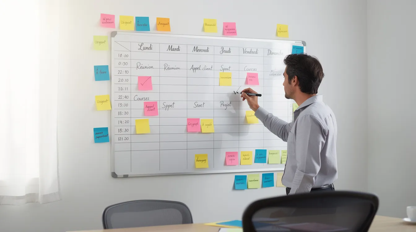 Une personne est en train de cocher des éléments sur un planning hebdomadaire affiché sur un mur, entouré de post-it colorés. Cette scène illustre une gestion efficace du temps et des tâches, essentielle pour améliorer sa productivité au travail.