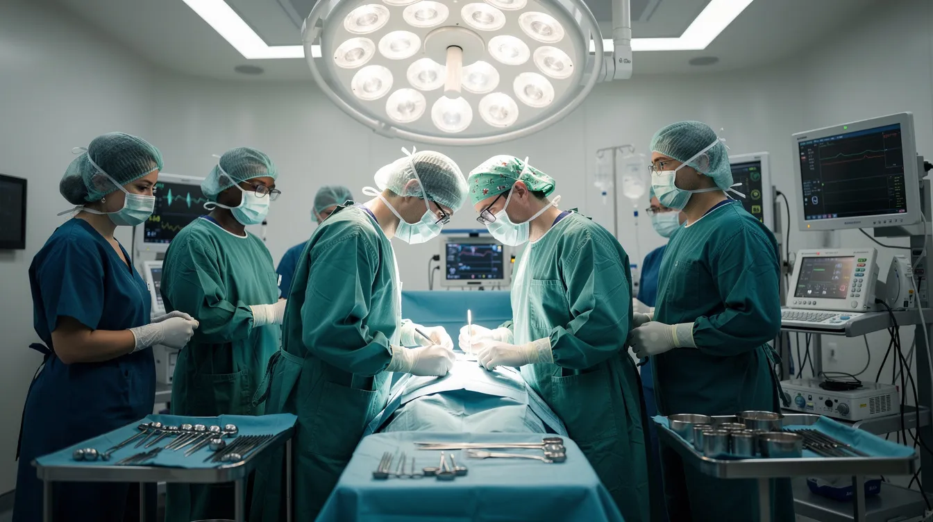 A surgical team is depicted in a brightly lit operating room, focused on a patient undergoing a surgical procedure. This image highlights the critical environment where surgical errors can occur, emphasizing the importance of medical malpractice law and the role of medical malpractice attorneys in protecting victims of medical negligence.