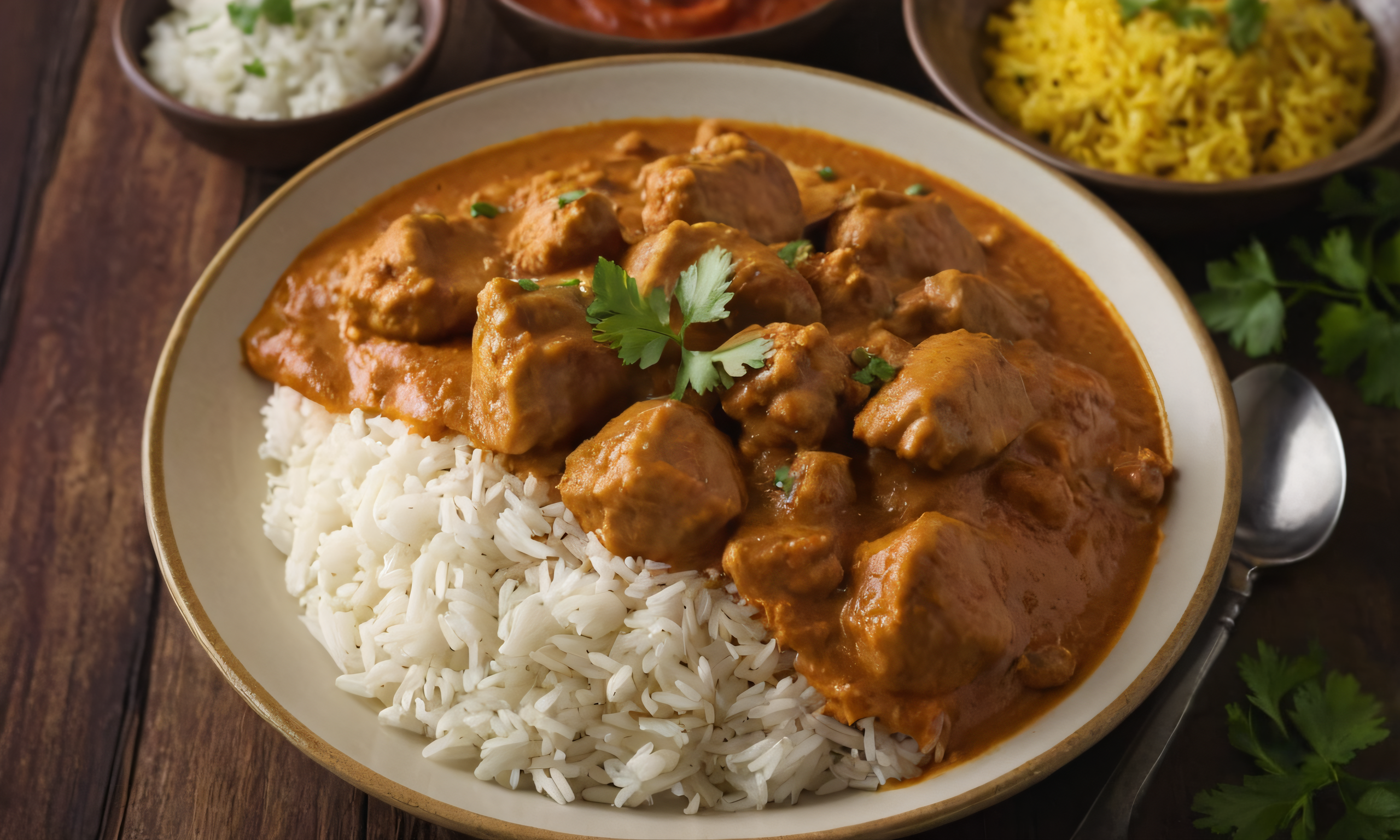 Delicious butter chicken dish accompanied by fragrant rice