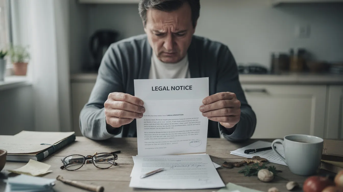 The image shows a worried person sitting at their kitchen table, opening an envelope that contains legal documents related to a debt lawsuit, possibly involving wage garnishment laws in Wyoming. The expression on their face suggests anxiety about potential court orders and the implications for their income and financial situation.