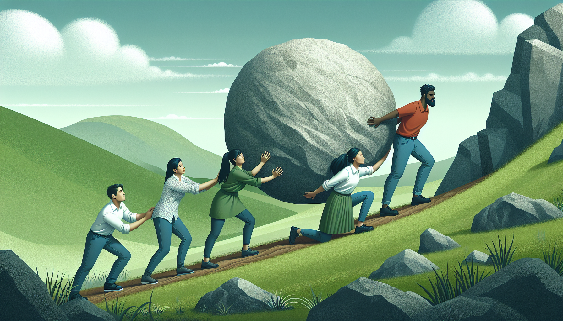 Illustration of a team overcoming challenges and embracing change