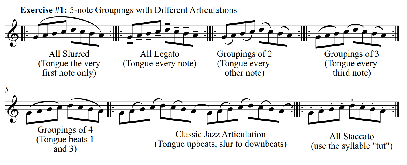 Five-note scale groupings to practice articulations on more than one pitch