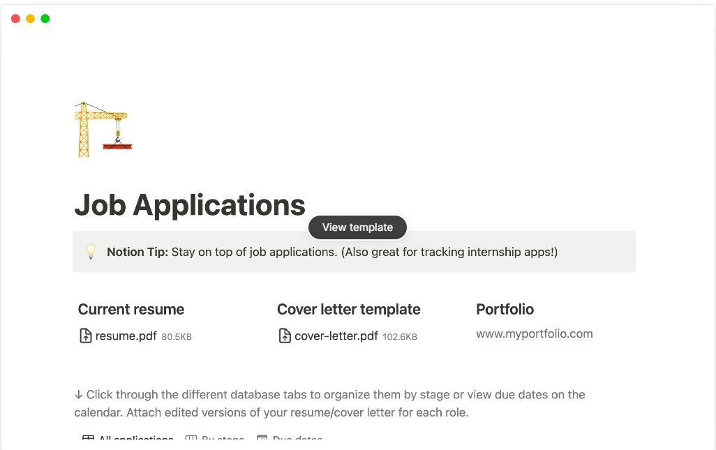 notion templates - job application