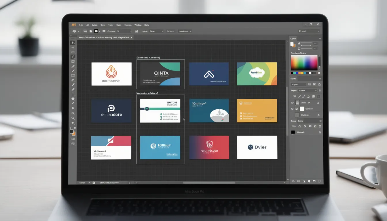 The image displays a computer screen featuring a design software interface with various business card template options available for customization. Users can browse through thousands of templates, choose styles, and edit designs to create their own unique business cards in just minutes.