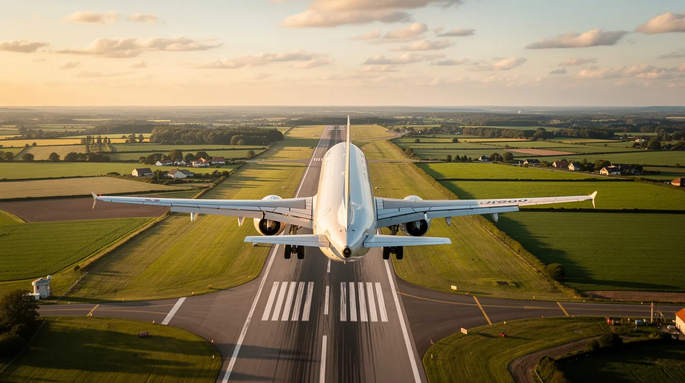 An airplane is shown descending towards a runway, with lush green countryside visible below, creating a serene backdrop for the landing. This image captures the essence of travel, which often requires various visa applications, such as a tourist visa or business visa, especially when entering countries like Ireland or India.