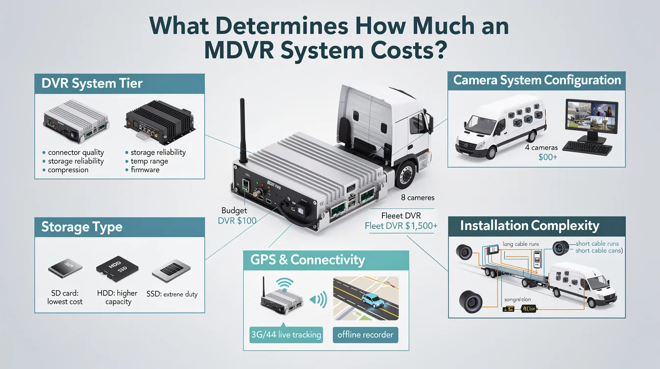 How Much Does an MDVR System Cost? The image illustrates the various factors that determine the cost of an MDVR system, including the DVR system tier, camera system configuration, and storage type. It highlights how features such as GPS vehicle tracking and installation complexity can also influence pricing, emphasizing the importance of advanced technology and camera types in achieving vivid image quality and reliable video recordings.