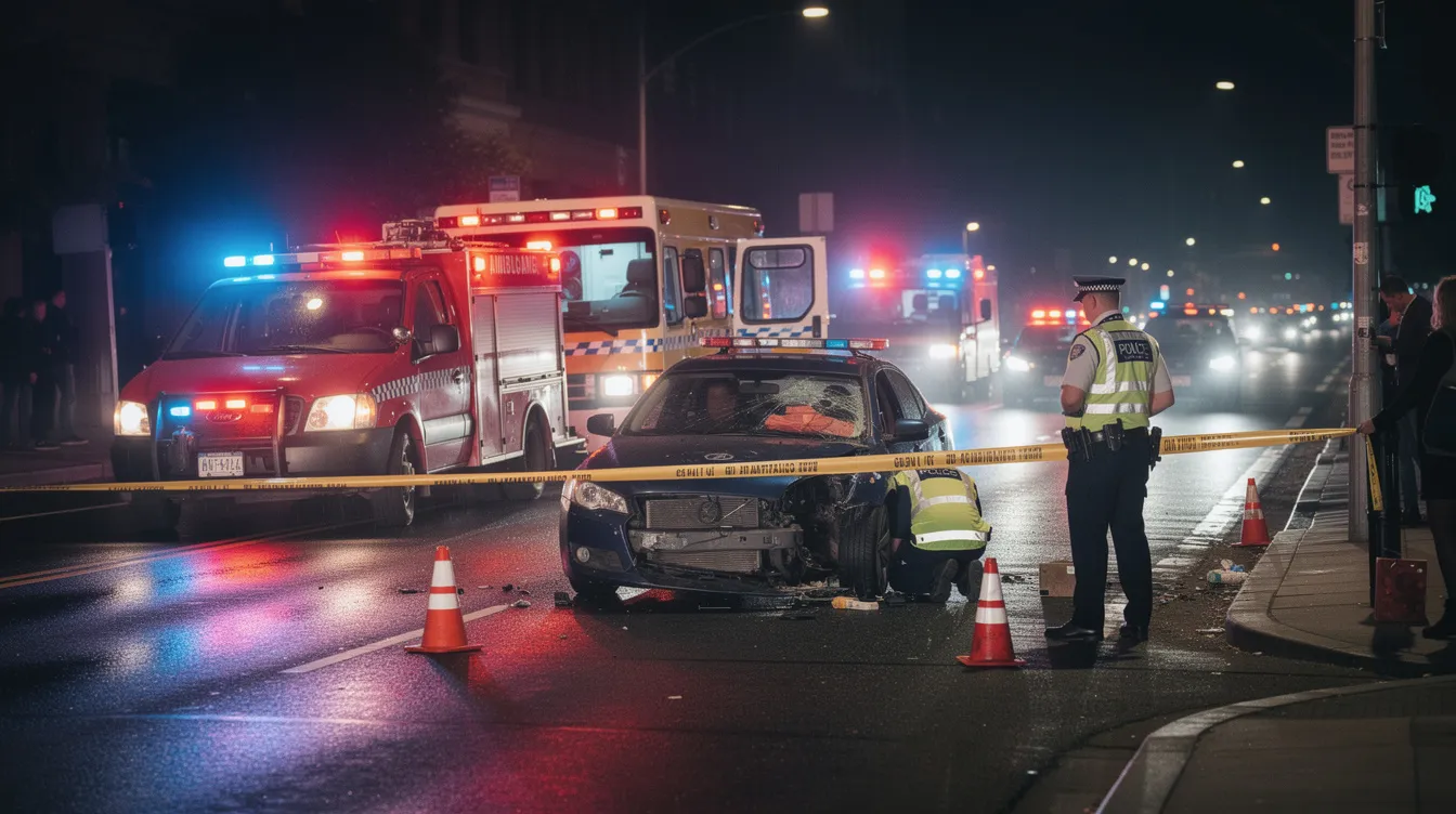 The image depicts emergency vehicles and police officers at the scene of a nighttime car accident, where they are assessing the situation and gathering information for a police report. The scene highlights the urgency of traffic law enforcement in response to the incident, which may involve determining fault and liability for the involved parties.