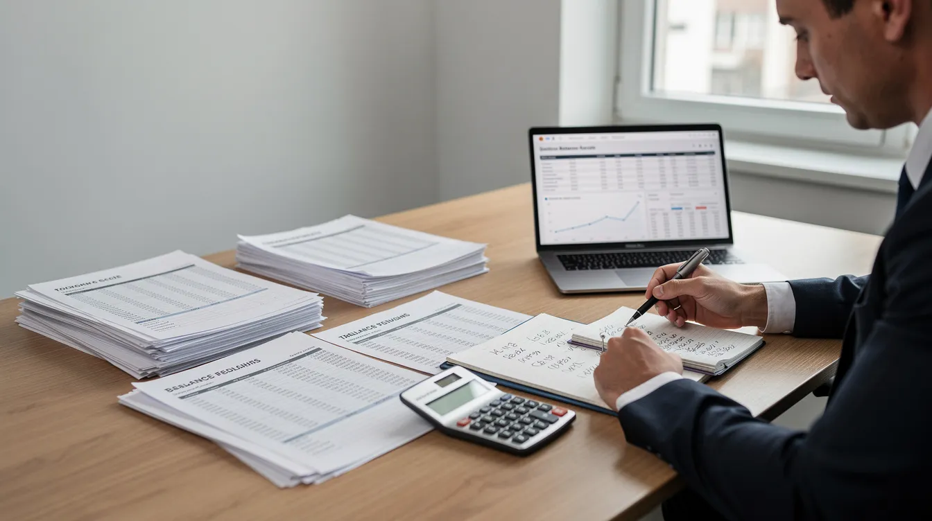 4e070147 c33b 4890 b939 0563445af77c A person is seated at a table, intently reviewing financial statements and balance sheets, likely assessing their credit and cash flow for a loan application with a bank or financial institution. This process may involve verifying their satisfactory credit track record and necessary documentation for a mudra loan to support their micro enterprise.