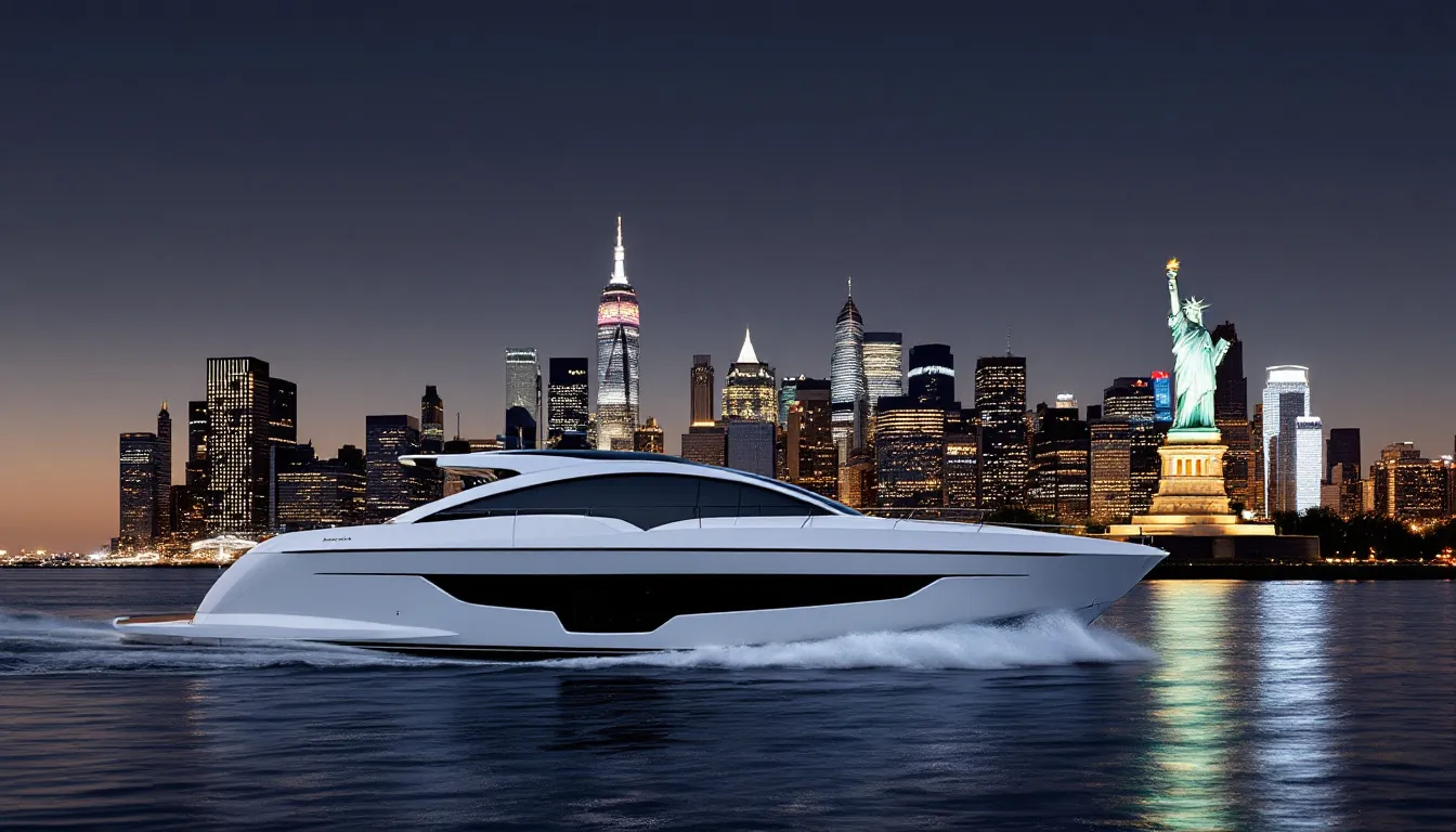A luxury yacht glides through the waters of New York Harbor, showcasing the stunning Manhattan skyline with the iconic Statue of Liberty in the background. This private boat tour offers breathtaking views of landmarks such as the Brooklyn Bridge and One World Trade Center, making it a must-do experience for visitors.