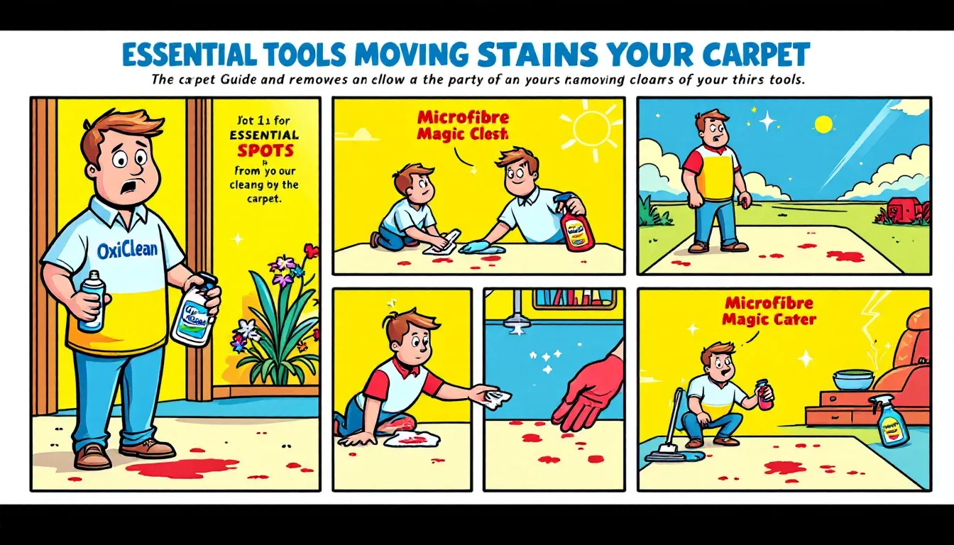 Essential tools for removing stains on carpet including cleaning cloths and sprays.