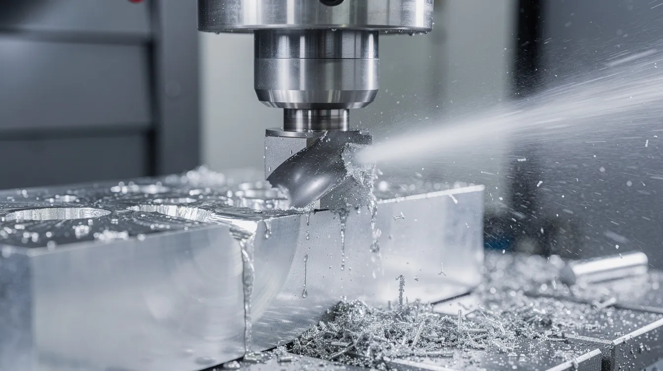 A close-up view of a 5-axis CNC milling machine actively cutting through an aluminum block, with coolant visibly spraying to keep the material cool during the CNC machining process. This image highlights the precision and efficiency of aluminum machining services, showcasing the intricate details involved in creating CNC machined aluminum parts.