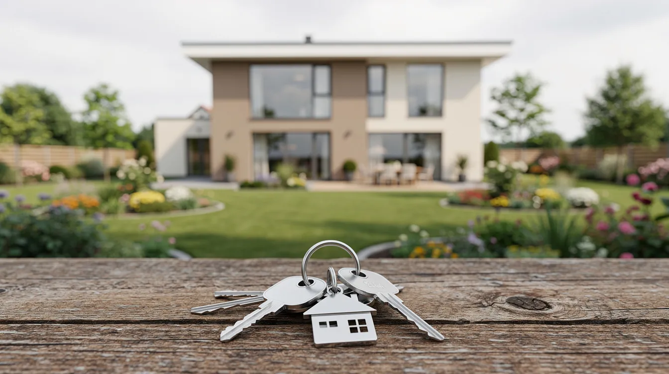 Das Bild zeigt ein Einfamilienhaus mit einem gepflegten Garten, während auf einem Holztisch davor ein Schlüsselbund liegt. Diese Szene könnte mit Themen wie "Forward Darlehen" und "Zinsbindung" in Verbindung stehen, die für die Immobilienfinanzierung wichtig sind.