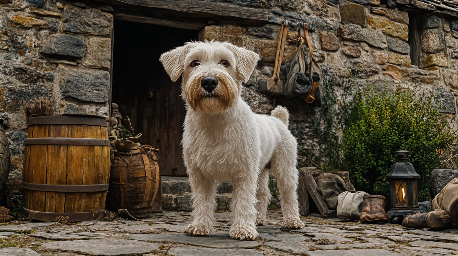 An historical image of the Sealyham Terrier standing in a traditional Welsh background