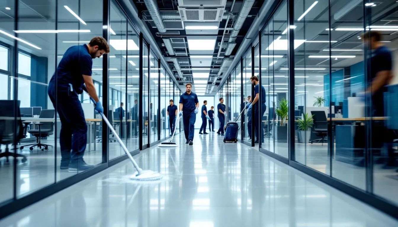 A professional cleaning team providing expert commercial cleaning services in an office environment.