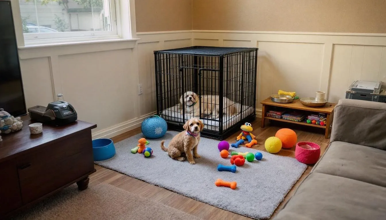 In a cozy living room, a puppy-proofed setup is ready for a new mini goldendoodle puppy, featuring colorful toys scattered around, a comfortable crate, and a designated safe play area. This inviting space is designed to welcome a new family member, ensuring a fun and safe environment for playtime and training.