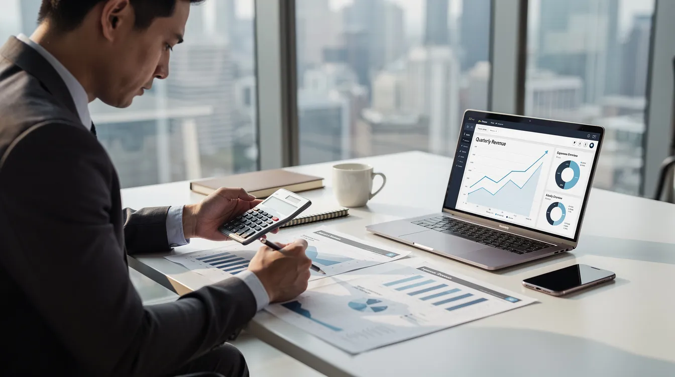 A business owner is intently reviewing financial charts on a laptop while using a calculator, focusing on metrics such as cash flow and market capitalization to assess the company's intrinsic value. The workspace is organized, reflecting a diligent financial analysis process that includes evaluating financial statements and projections for future cash flows.
