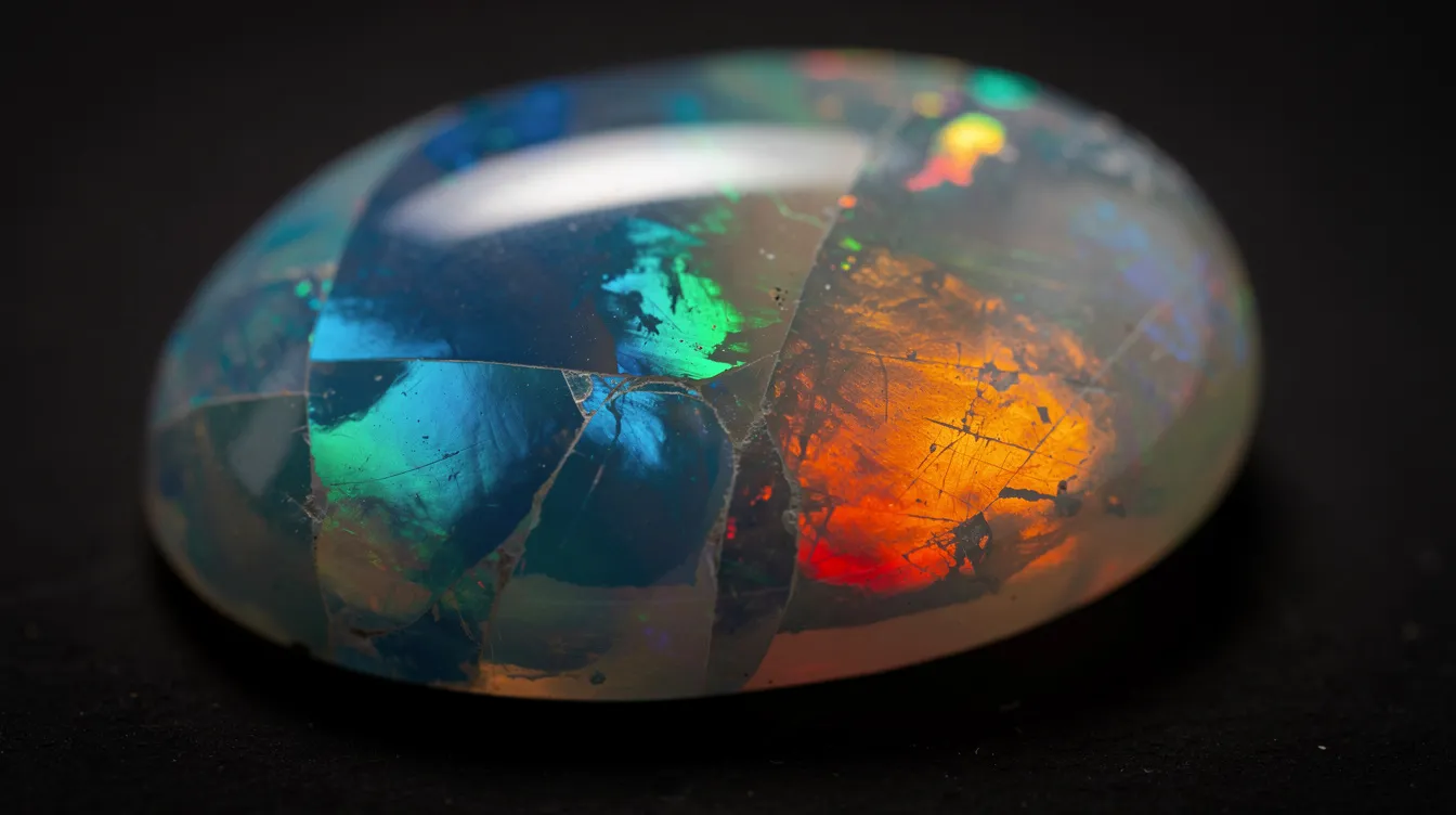 A close-up view of a polished opal gemstone reveals its extraordinary rainbow play-of-colour, set against a dark background. This highly prized October birthstone, known for its vibrant hues, symbolizes creativity and self-confidence, making it a perfect gift for October babies.