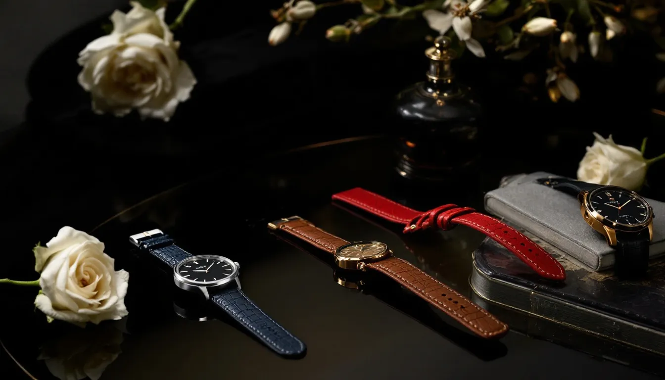 Lizard leather watch straps styled for various occasions.