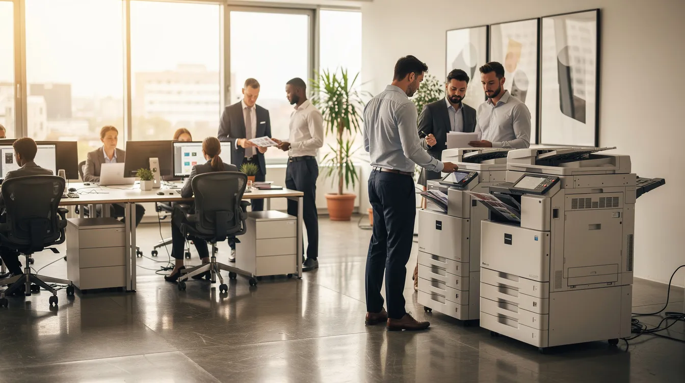 The image depicts a bustling office space filled with employees engaged in various tasks, with a large multifunction printer prominently positioned nearby, highlighting the importance of printer service and repair in maintaining productivity. The atmosphere is busy and collaborative, reflecting the dynamic environment of modern businesses.