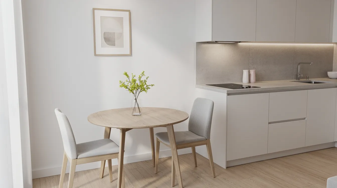 Een compacte eethoek met een kleine ronde tafel en twee eetkamerstoelen, gelegen naast een keuken. De tafel biedt voldoende ruimte voor twee personen om comfortabel te zitten en te genieten van een maaltijd.