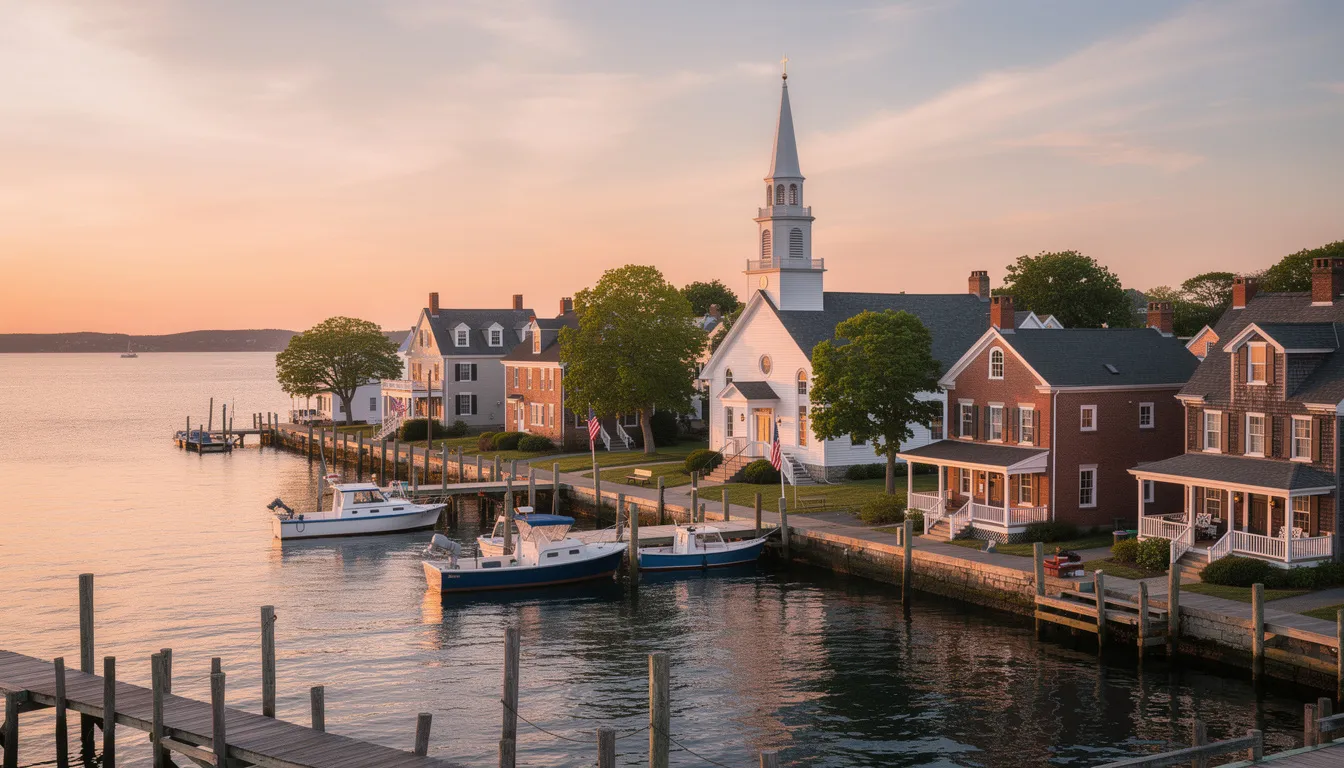 The image depicts a charming New England coastal town at sunset, featuring historic buildings, a prominent church steeple, and a small boat marina, all set against the backdrop of the Connecticut shoreline. This picturesque scene captures the essence of Old Saybrook and Madison, ideal locations for those interested in buying or selling real estate in Connecticut.