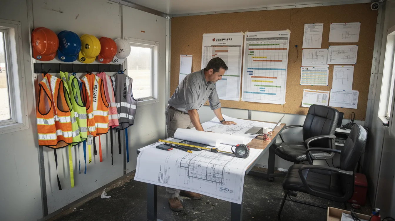 A project manager is seated at a table inside a job trailer, carefully reviewing construction plans and schedules, while hard hats and safety vests hang on hooks nearby. This setting highlights the importance of managing construction delays and ensuring compliance with contractual obligations, including addressing potential excusable delays and maintaining project performance.