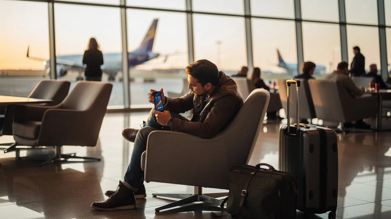 A traveller in an airport lounge is checking the time on their phone, surrounded by their luggage. The scene captures the essence of multiple time zones, as they consider the time difference between their current location and places like Sydney or London, especially during daylight saving time.