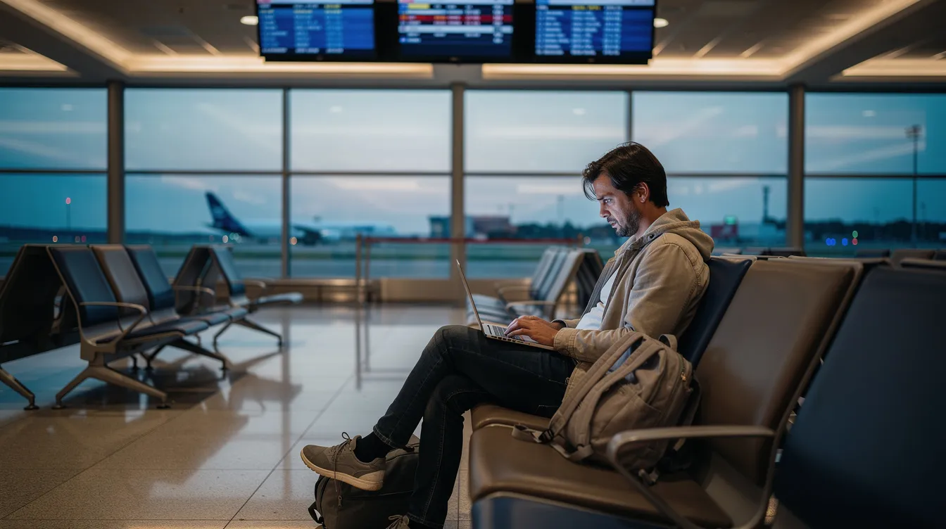 A person is sitting at an airport departure gate, using a laptop with a worried expression on their face, possibly dealing with financial concerns related to a loan application. The scene suggests they might be looking for information on personal loans or immediate approval options, reflecting the anxiety of managing financial commitments while traveling.