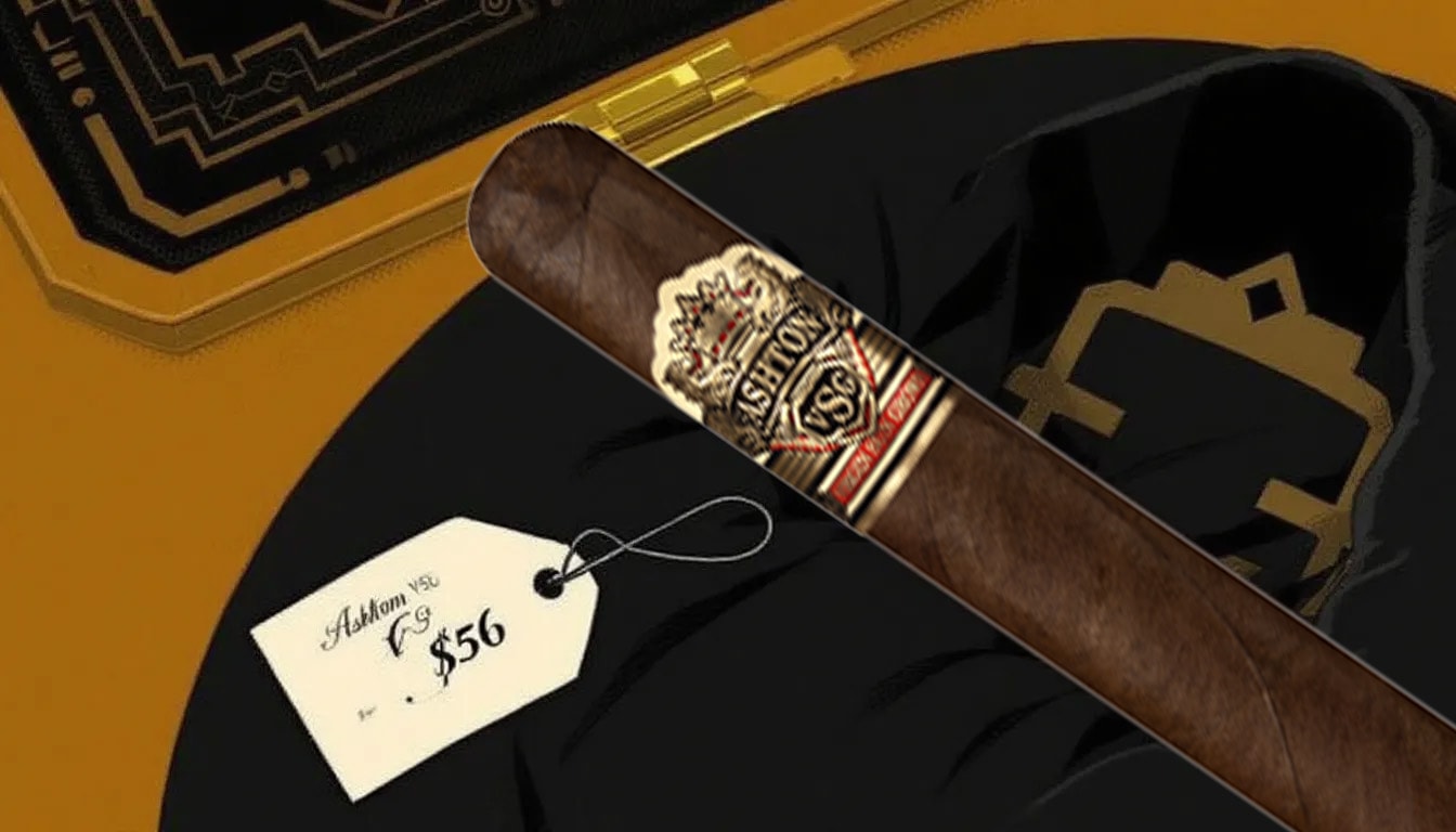 An Ashton VSG Robusto cigar with a price tag indicating its value.