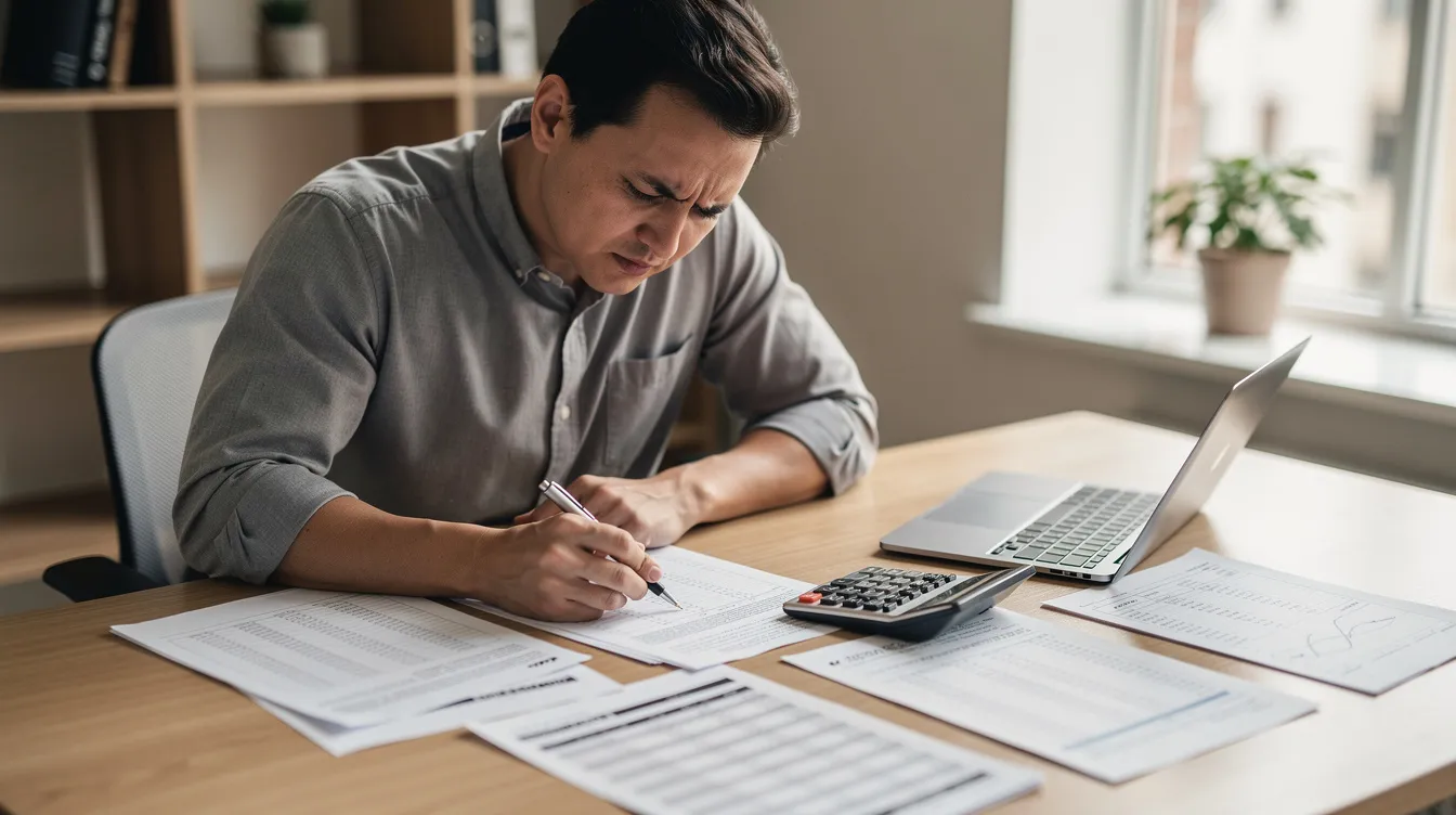 Eine Person sitzt nachdenklich an einem Schreibtisch, umgeben von Finanzdokumenten und einem Taschenrechner, während sie die wichtigen Aspekte des bürgergelds und des schonvermögens betrachtet. Die Szene vermittelt den Eindruck von finanzieller Planung und der Auseinandersetzung mit sozialrechtlichen Themen wie den Anforderungen für den Bezug von Leistungen.