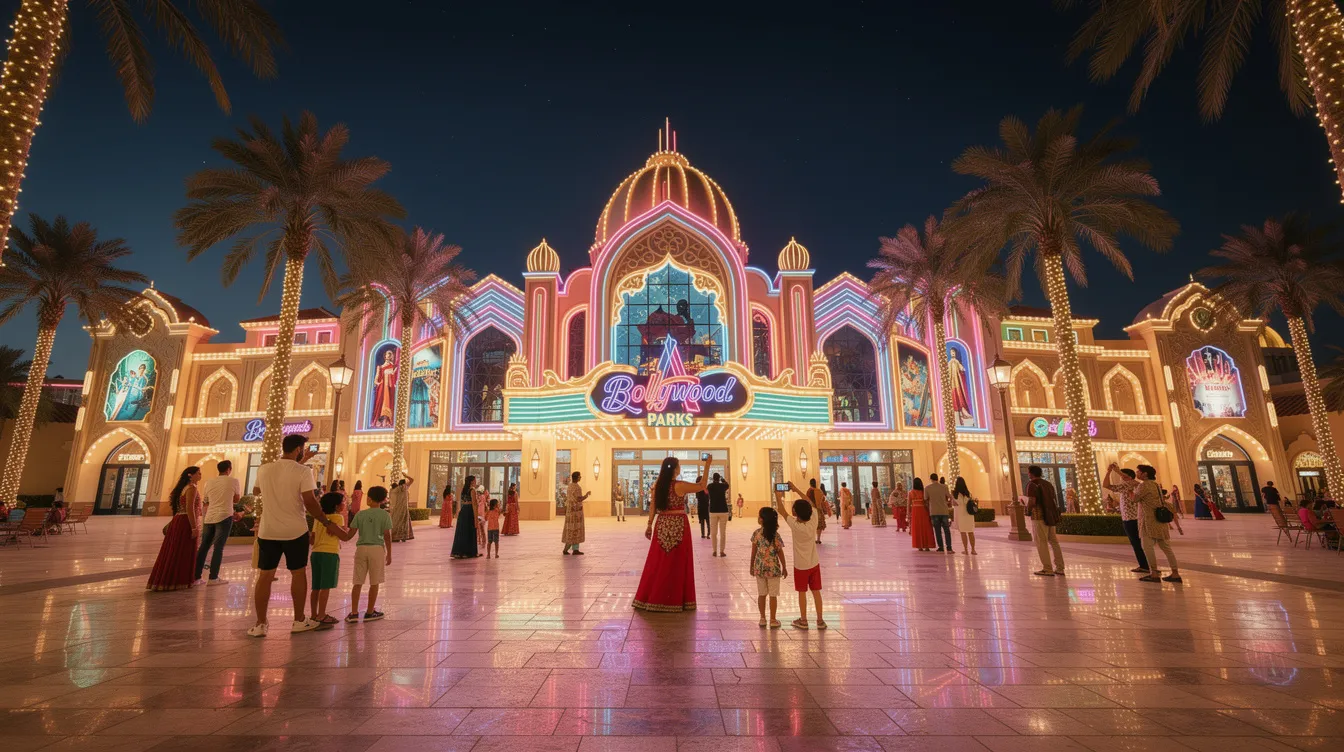 A imagem mostra uma vista vibrante do Bollywood Park em Dubai, um parque temático que celebra a cultura e a música de Bollywood, com atrações coloridas e representações de filmes indianos. Ao fundo, é possível ver elementos arquitetônicos que refletem a rica tradição dos Emirados Árabes Unidos, criando um ambiente encantador e animado.