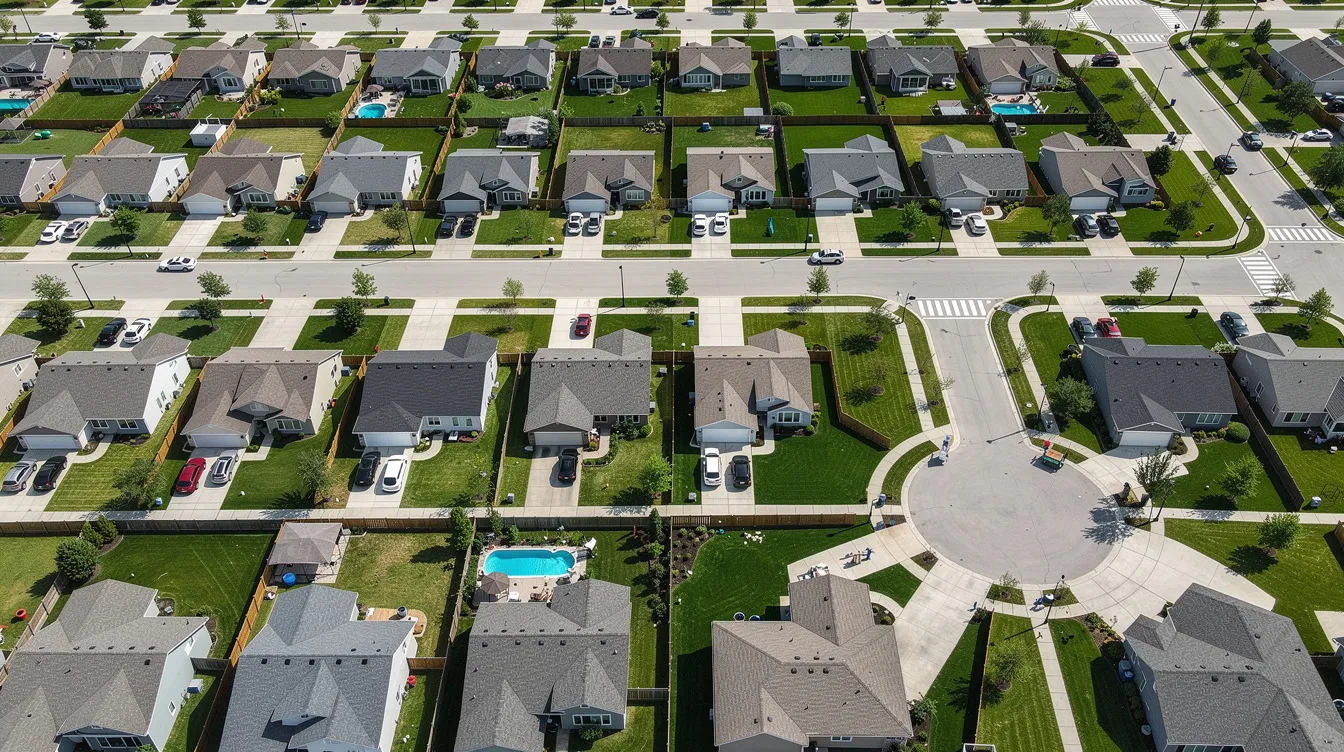 An aerial view of a suburban neighborhood showcases rows of houses with well-maintained green lawns, reflecting a peaceful community atmosphere. This image highlights the essence of homeownership, where many homeowners may consider options like a home equity loan or a HELOC to finance home improvements or manage their monthly payments.