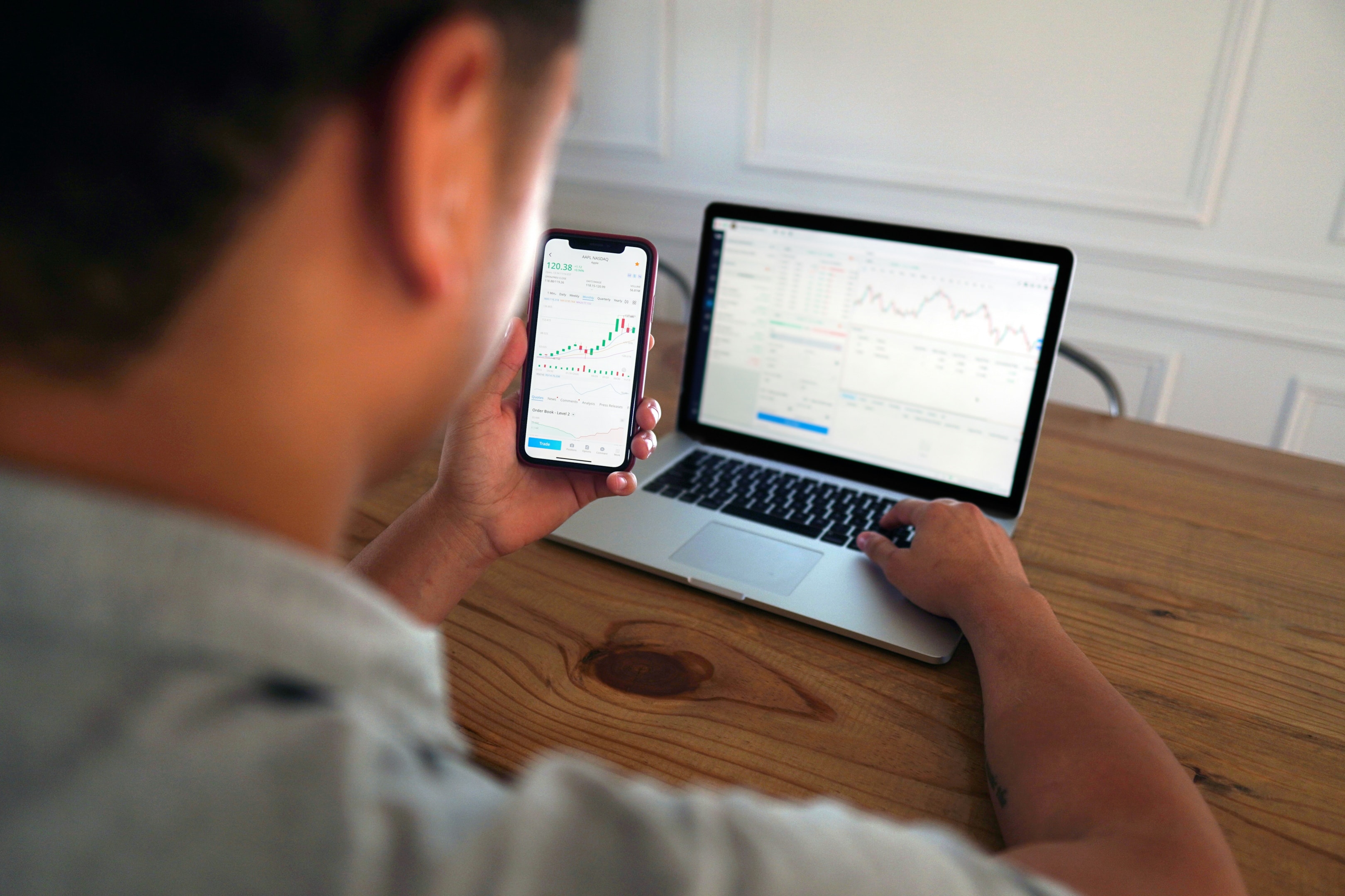 Trader looking at KDJ indicator chart on screen