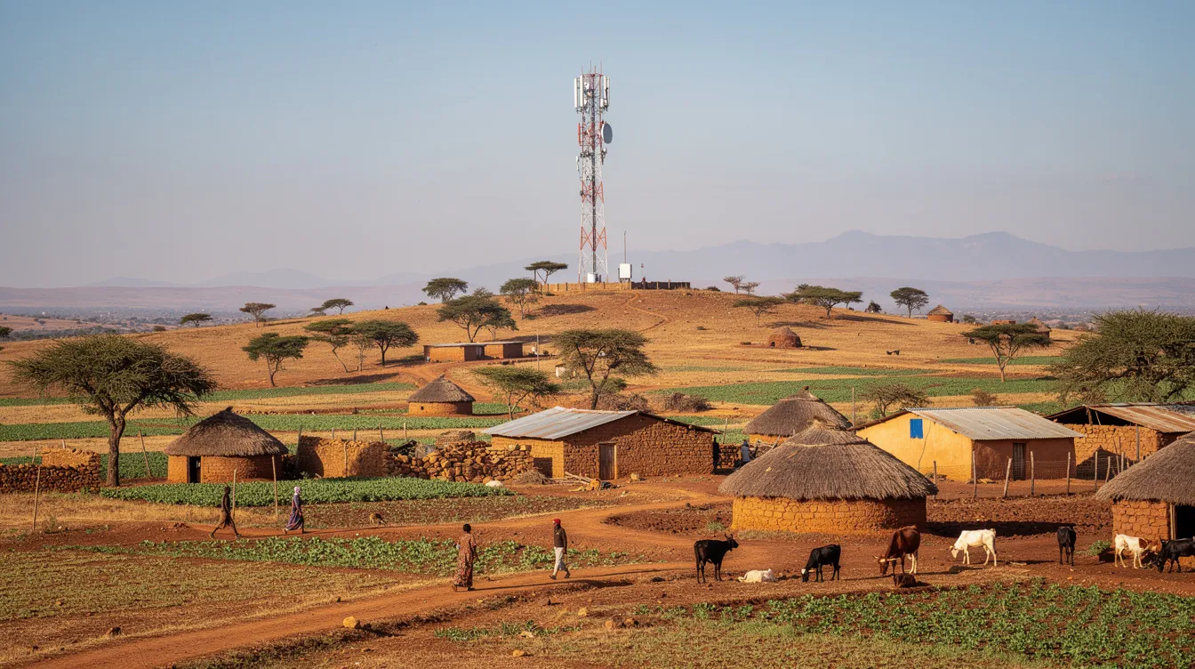 The image depicts a rural Ethiopian landscape featuring small settlements and a mobile phone tower in the distance, symbolizing the growth of mobile money services in Ethiopia's economy. This scene reflects the expanding access to digital financial services and mobile wallets, which are becoming essential for financial inclusion in the region.