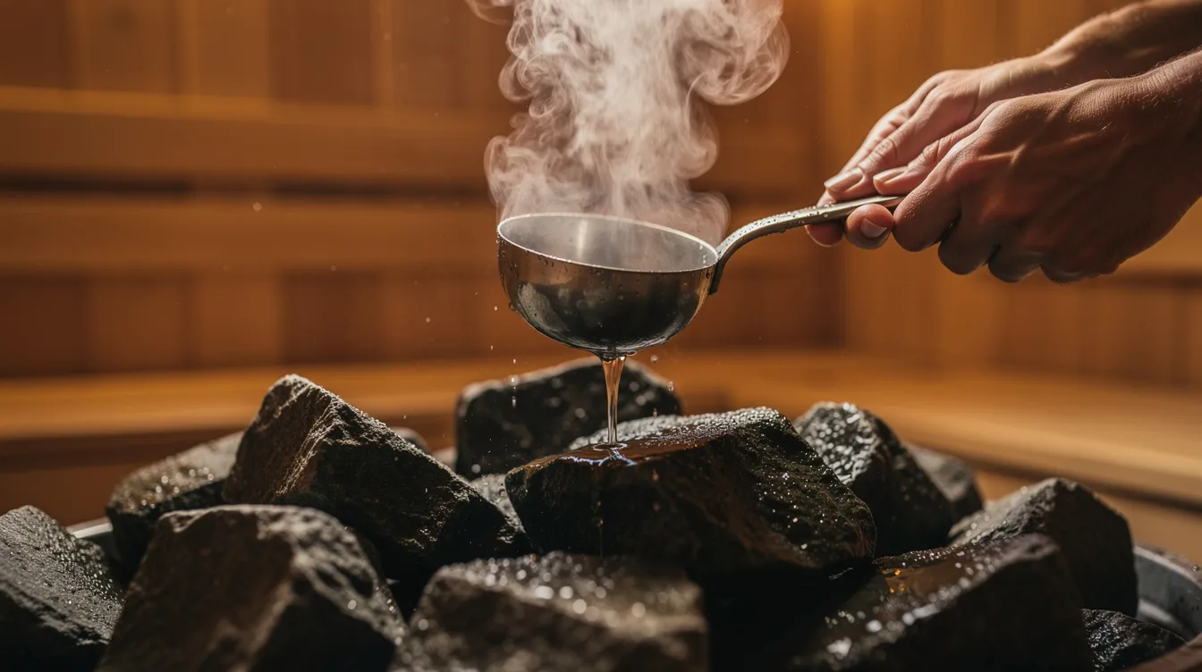 A pair of hands is pouring a small ladle of water onto a pile of dark heated sauna stones, creating a burst of steam that rises into the air, enhancing the sauna experience with humid air and heat. This action is essential for sauna enthusiasts seeking to maintain a comfortable temperature and maximize the benefits of their sauna sessions.