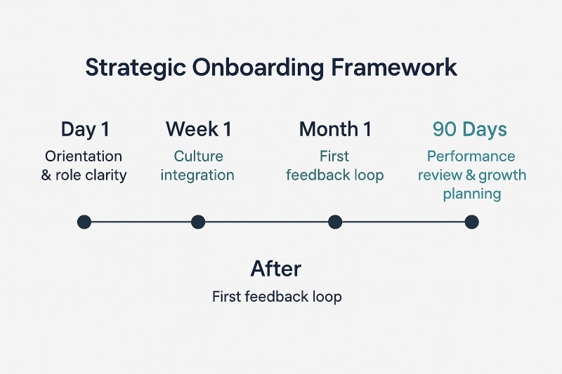 📸 Image Suggestion (End of Section): Title: Strategic Onboarding Framework Visual: A horizontal timeline with milestones: Day 1: Orientation & role clarity Week 1: Culture integration Month 1: First feedback loop 90 Days: Performance review & growth planning Purpose: Illustrate how onboarding sets the foundation for long-term retention and results