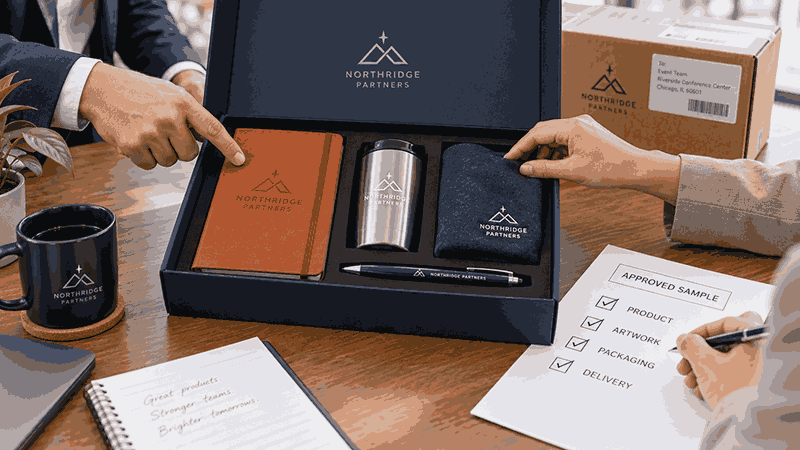 Corporate gifting partner reviewing branded gift samples, logo artwork, packaging, and delivery requirements with a business buyer.