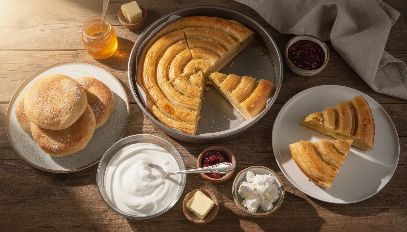 The image features a traditional Bulgarian breakfast spread on a wooden table, showcasing banitsa, mekitsa, and creamy Bulgarian yogurt, accompanied by various spreads. The arrangement highlights the deliciousness of Bulgarian cuisine, inviting you to enjoy these comforting foods.