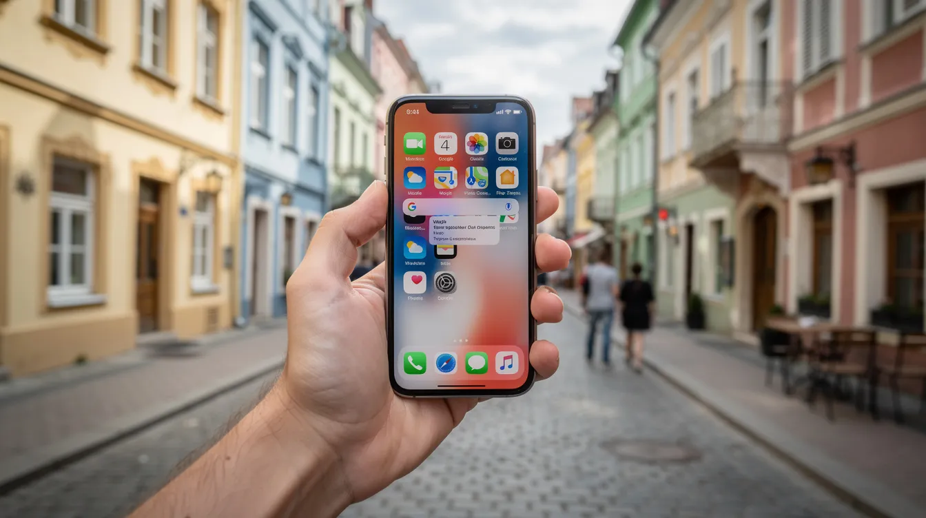 A person is holding a smartphone in front of a vibrant European city street, showcasing colorful buildings typical of Poland. This scene captures the essence of urban life, where mobile phone numbers play a crucial role in connecting people, whether for domestic calls or international communication.