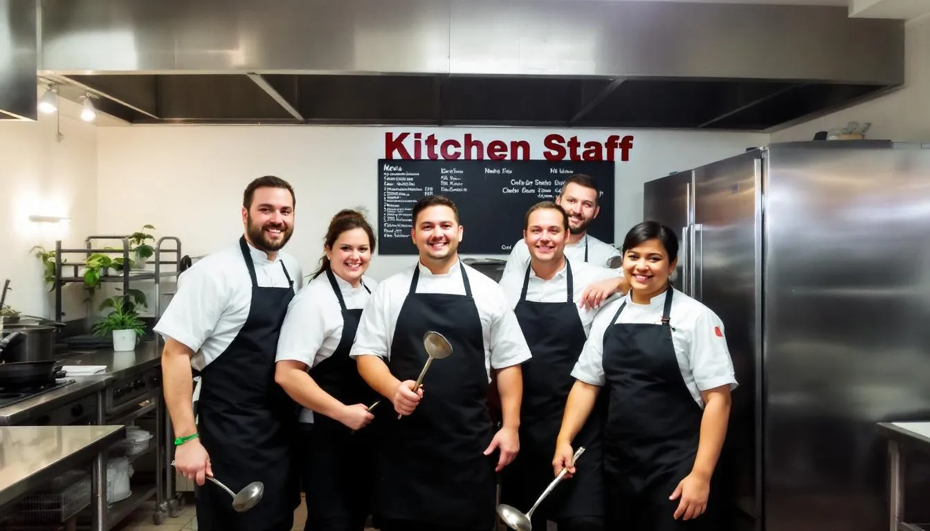 In the image, a diverse group of culinary professionals poses together in a bustling restaurant kitchen, showcasing the kitchen brigade system. The team includes an executive chef, sous chefs, and various chefs de partie, all dressed in traditional white uniforms, reflecting the camaraderie and skill involved in the culinary arts.