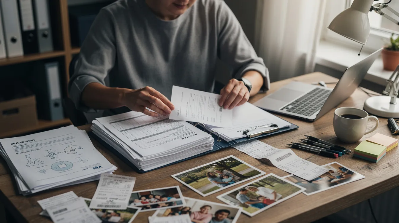 A person is seen organizing a variety of medical documents, receipts, and photographs on a desk, which may be related to a personal injury case. This setup reflects the meticulous preparation often needed for personal injury claims, including medical expenses and documentation for a potential personal injury settlement.