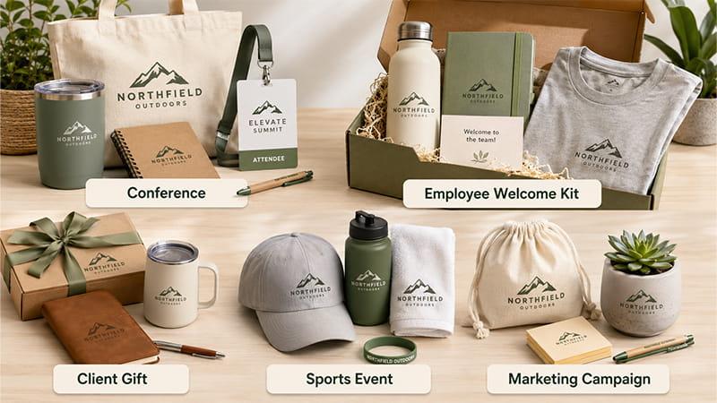 Branded promotional products for conferences, employee welcome kits, client gifts, sports events, and marketing campaigns