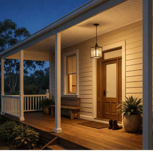 Square lantern pendant light hanging over a front porch entry.
