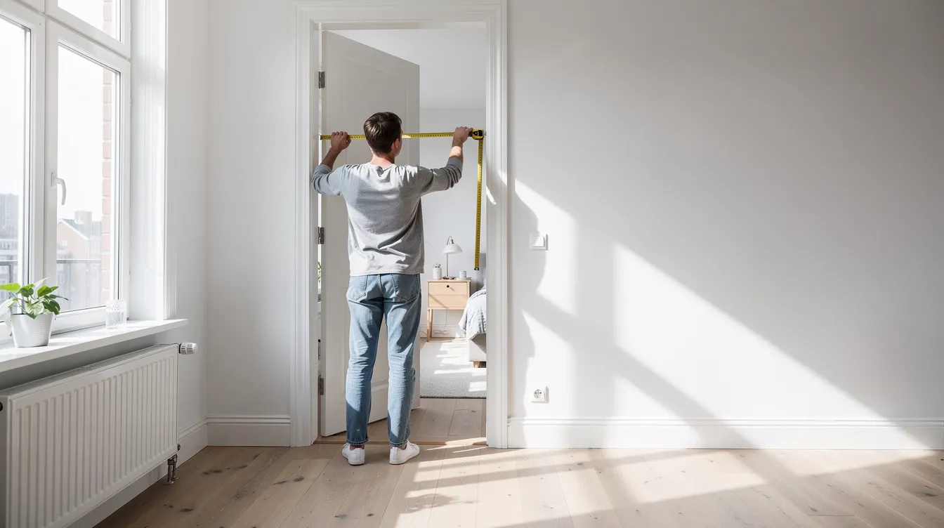 En person står i en ljus lägenhet och mäter en dörröppning med ett måttband. Rummet är inrett med moderna möbler, och det finns en känsla av att man kan fynda nya produkter och skapa en inbjudande atmosfär i hemmet.