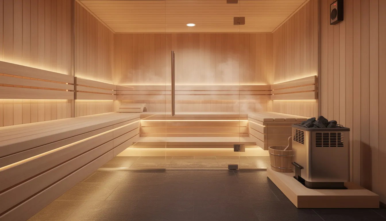 The image depicts a premium home sauna featuring a warm wooden interior, ambient lighting, and glass doors, creating a serene sauna space. Equipped with an electric sauna heater for consistent heat, this setup is designed for a relaxing sauna experience with precise temperature control and built-in controls for convenience.