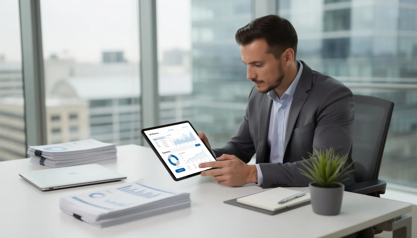 A professional is seated at a sleek desk in a modern office, intently reviewing financial documents displayed on a tablet. The setting suggests a focus on assessing credit information, possibly related to credit reports and the impact of hard and soft inquiries on financial health.