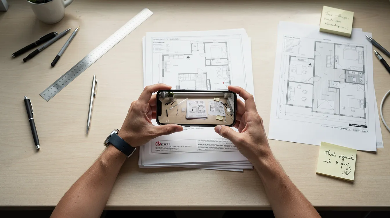 A person is using a smartphone to take pictures of documents spread out on a desk, which includes renovation floor plans. The scene suggests a focus on organization and planning, possibly related to a loan application or financial documentation.